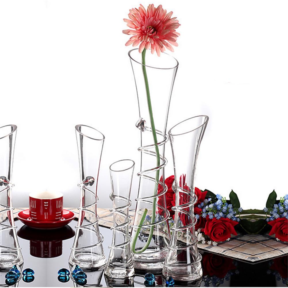 VANTOBEST Hand-Made Blown Art Bud Glass Vase, Clear Glass, Oblong Shape, Modern Style, Thread Pattern, Stemless, Perfect for Home Decorations