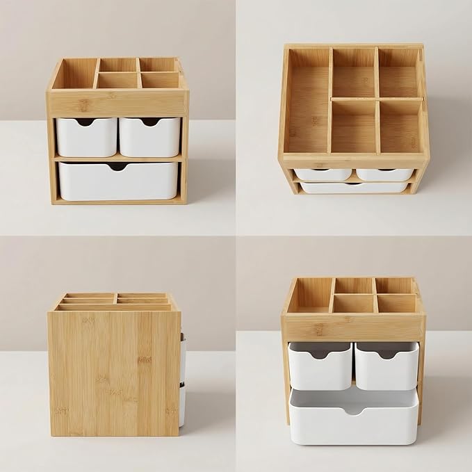 Bamboo Makeup Organizer with 3 Drawers, Dresser Cosmetic Organizer Box,Bamboo Desk Organizer for Home with Adjustable Dividers