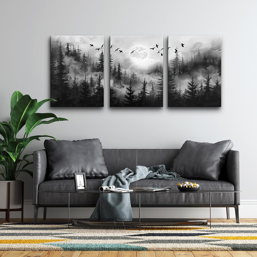 DZRWUBHS Wall Art For Living Room Canvas Wall Decor For Bedroom Black And White Wall Painting Modern Office Decorations Misty Forest Landscape Abstract Wall Pictures Farmhouse Wall Hanging Decor