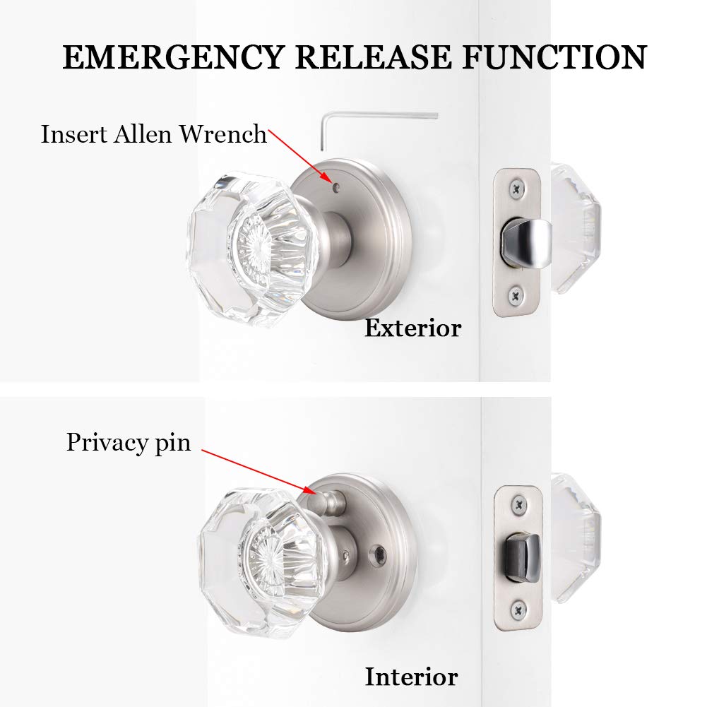CLCTK Crystal Glass Door Knobs Interior, Modern Bathroom Bedroom Door Knobs with Lock Privacy Function, Satin Nickel