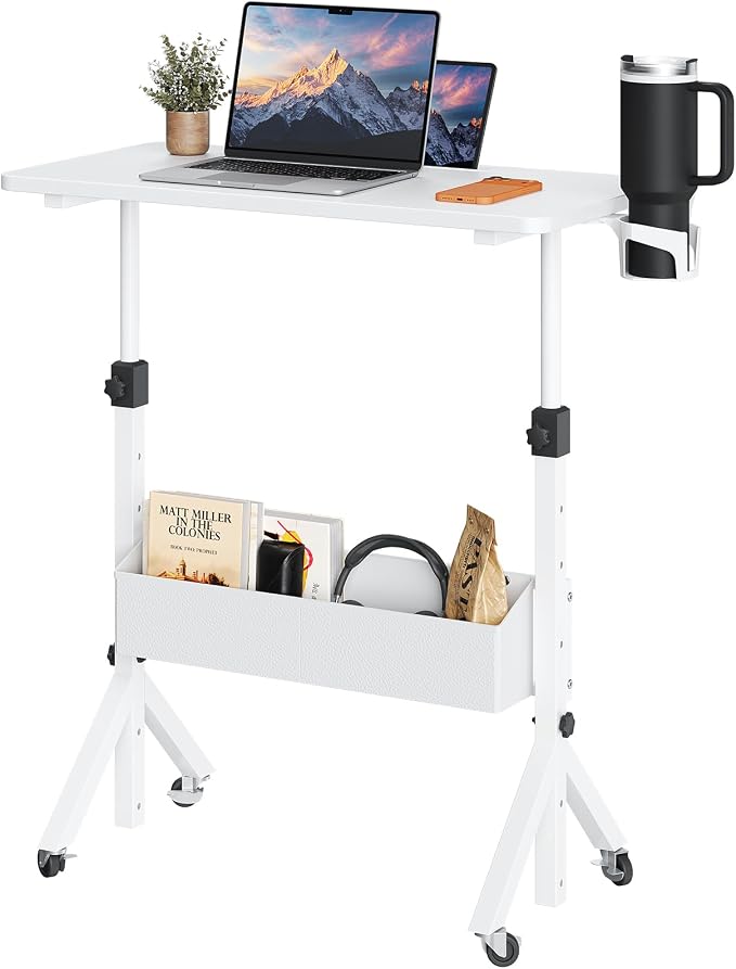 ErGear Mobile Standing Desk with Wheels, Adjustable Height 28.3″ to 46.1″, Rolling Laptop Cart with Cup Holder, Storage Basket, Computer & Pen Slot, Home Office Stand Up Desk, White (31.5″ x 15.75″)