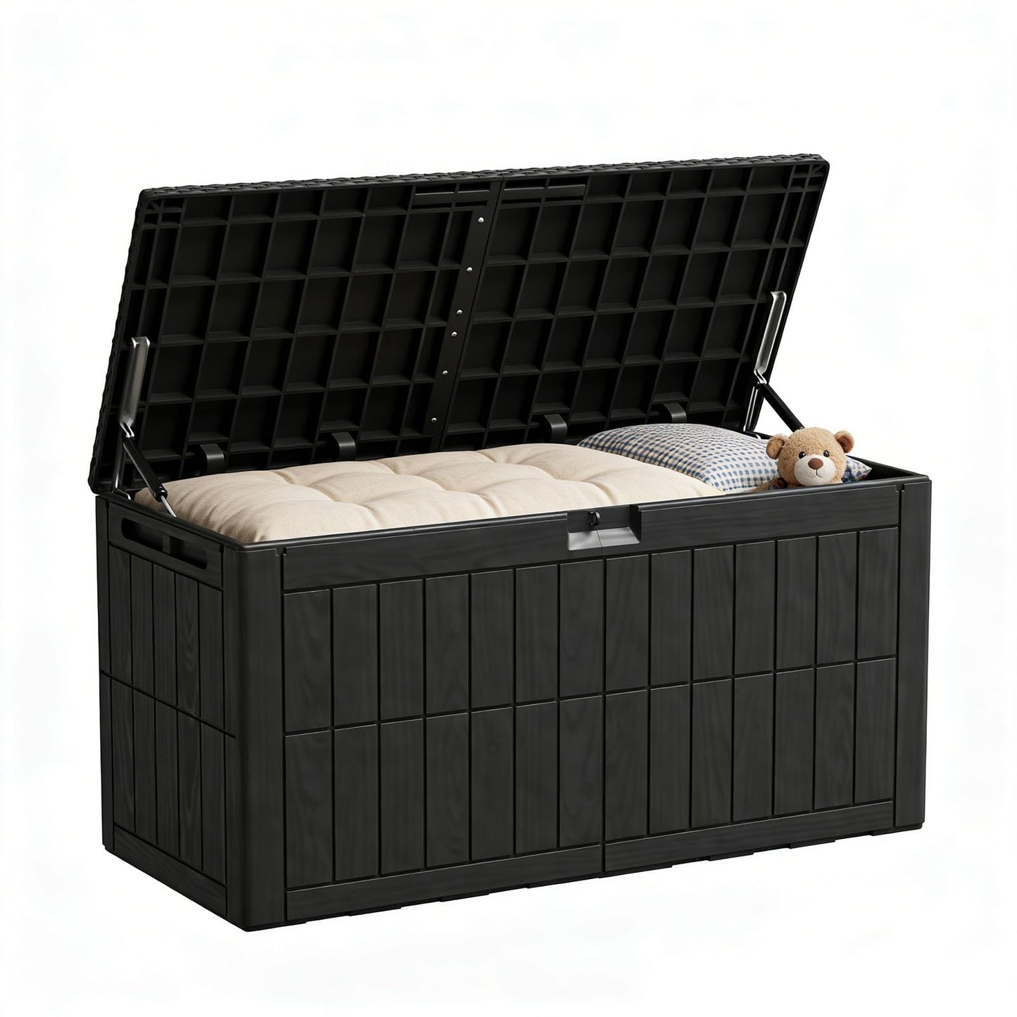 ZOMEYLPO 100 Gallon Outdoor Storage Box, Waterproof Lockable Resin Deck Box with Seat, Patio Furniture Cushion Storage, Garden Tool Organizer & Pool Toy Box, Black