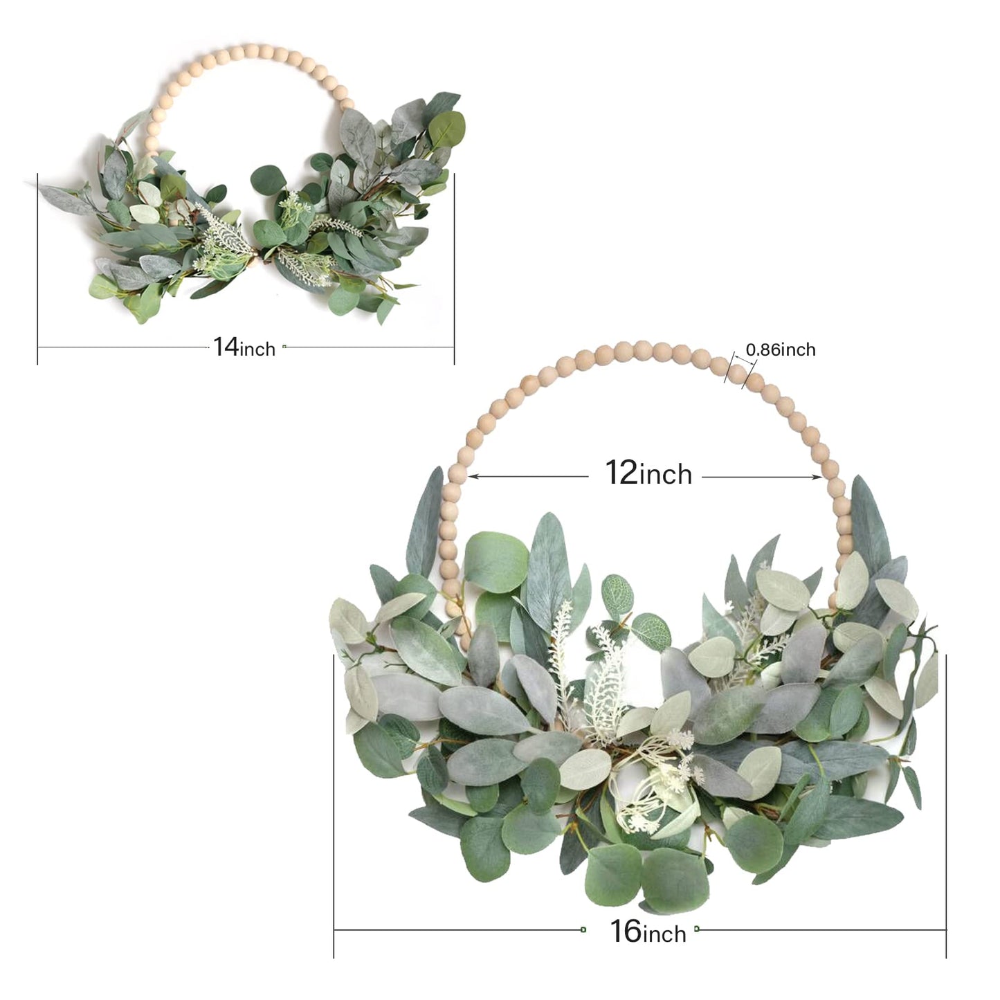 TEMPUS 16” Artificial Wood Bead Eucalyptus Wreath - Indoor/Outdoor Seasonal Farmhouse Door Decor with Artificial Greenery Perfect