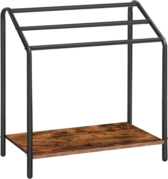 HOOBRO Freestanding Towel-Rack for Bathroom, 3 Tier Blanket Rack for Living Room, 31.5" L x 14.2" W x 33.9" H, Quilt Blanket Ladder Holder, Drying and Display Rack, Rustic Brown and Black BF80LB01
