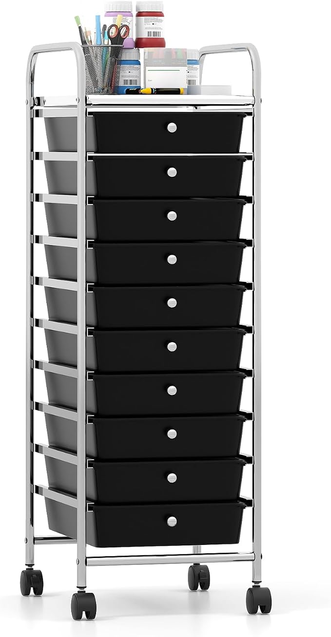Giantex Rolling Storage Cart with 10 Drawers, Utility Cart with Tabletop, Drawer Organizer with Wheels for Craft Art Paper Tool, Mobile Organization & Sorting for Office Home School School Supplies