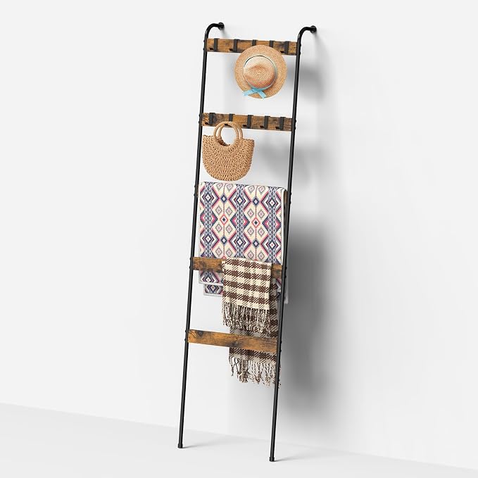 Blanket Ladder Shelf for Living Room, 5-Tier Wall Leaning Towel Rack with 10 Removable Hooks, Rustic Farmhouse Wooden Quilt Blanket Holder for Bedroom Boho Bathroom Decor, Rustic Brown