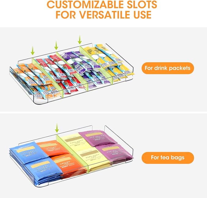 AIEVE Drink Packet Organizer, 2-Tier Tea Bag Organizer with Lid, Stackable Clear Pantry Storage Bins with Adjustable Dividers, Acrylic Water Packet Holder for Cabinet Kitchen Storage Organization