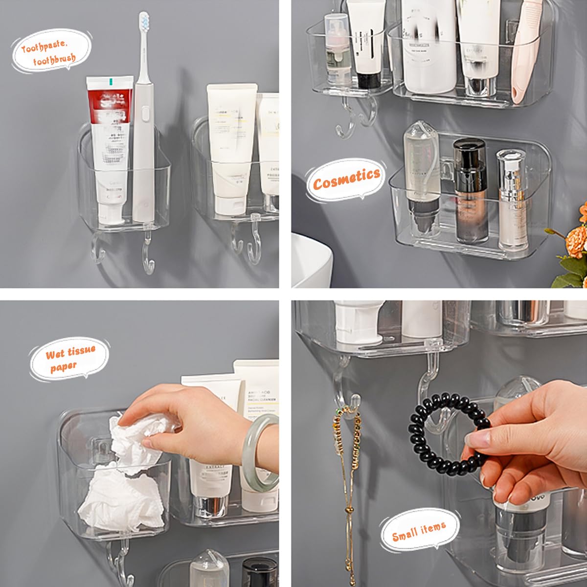 Adhesive Wall Mount Organizer Box,Acrylic Shelves for Wall,No Drilling Hang Walls,with Self Adhesive Tape,Automatic Draining for Bathroom, Kitchen, Living Room - Clear (Small)