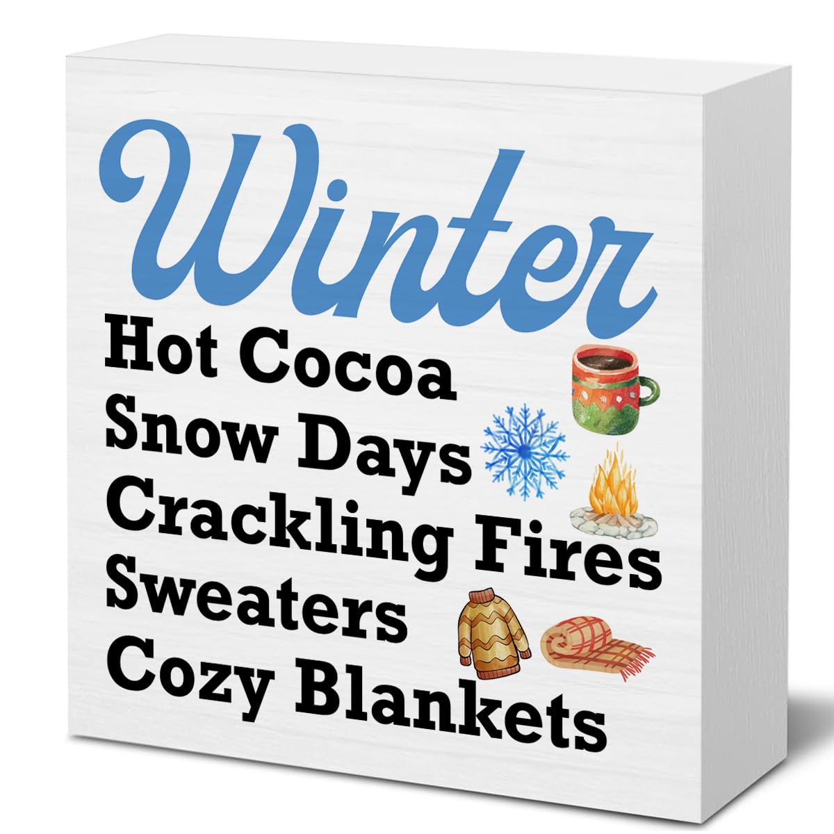 Winter Wooden Block Sign Winter Hot Cocoa Blankets Wooden Box Sign Decor for Home Living Room Kitchen Table Desk Shelf