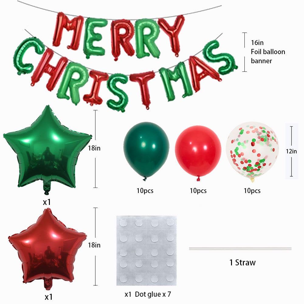 Merry Christmas Balloons Banner 13pcs Aluminum Foil 16 Inch Letters with 2pcs 18 Inch Star Balloons 30pcs Red Green Confetti Balloon for Christmas Party Decorations