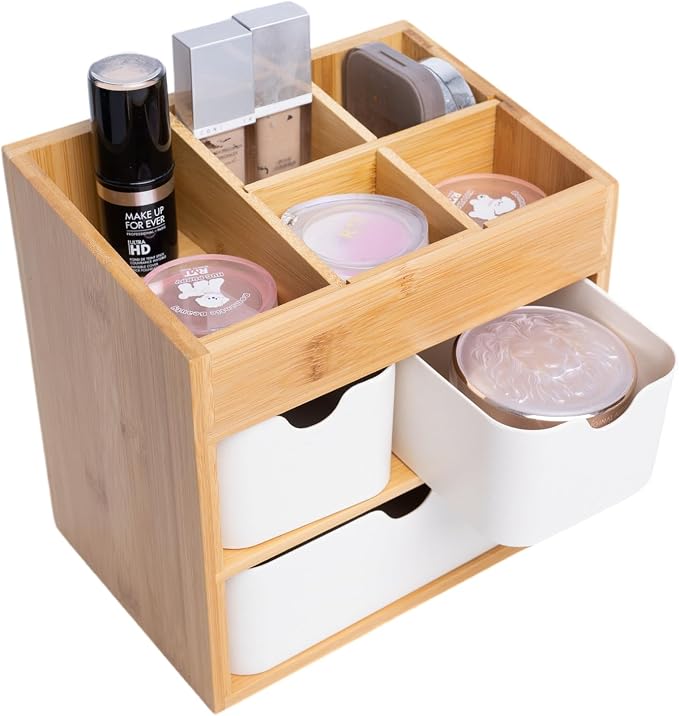 Bamboo Makeup Organizer with 3 Drawers, Dresser Cosmetic Organizer Box,Bamboo Desk Organizer for Home with Adjustable Dividers