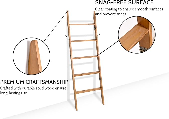 FUIN 58in Blanket Ladder, Wood Towel Ladder, Rustic Decorative Ladder for Blankets, Farmhouse Wooden Quilt Rack for Living Room & Bathroom