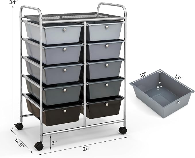 Giantex 10 Drawers Rolling Cart, Classroom Organizers, Storage Cart with Wheels, for Teacher Office Home School Supplies Tool Craft Art Paper, Black Gradient