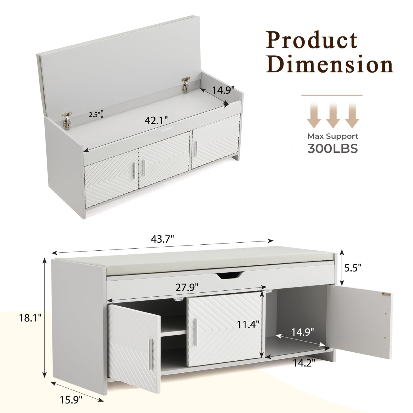ECOTOUGE Storage Bench, Shoe Bench with Lift Top Storage, Entryway Bench with Cushioned Seat, Adjustable Shelf for Living Room, Bedroom, Hallway, Light Grey