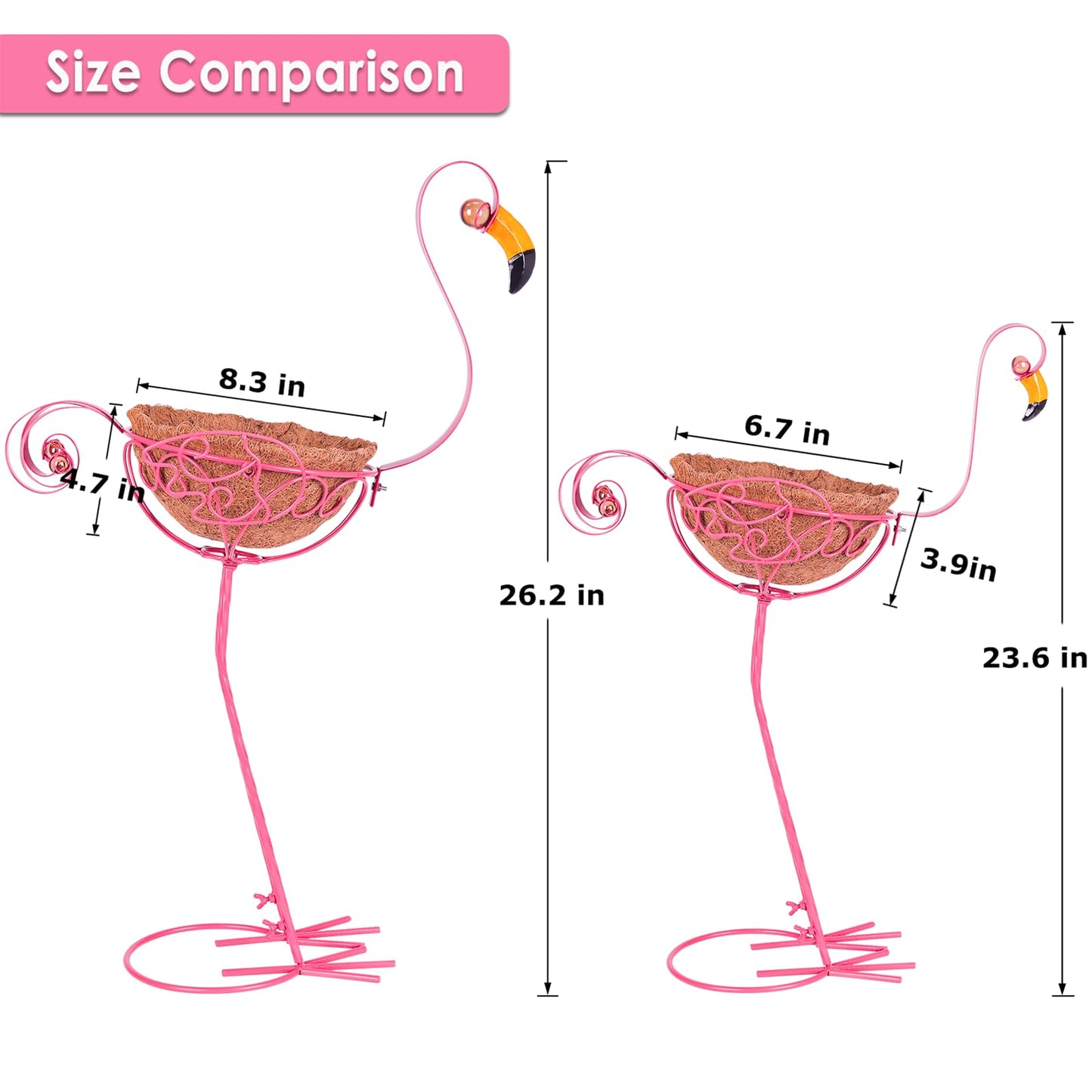 Derynome Pink Flamingo Garden Planters, Set of 2 Metal Flamingo Outdoor Planters with Basket, Flamingos Decorations for Indoor Outdoor Garden Decor