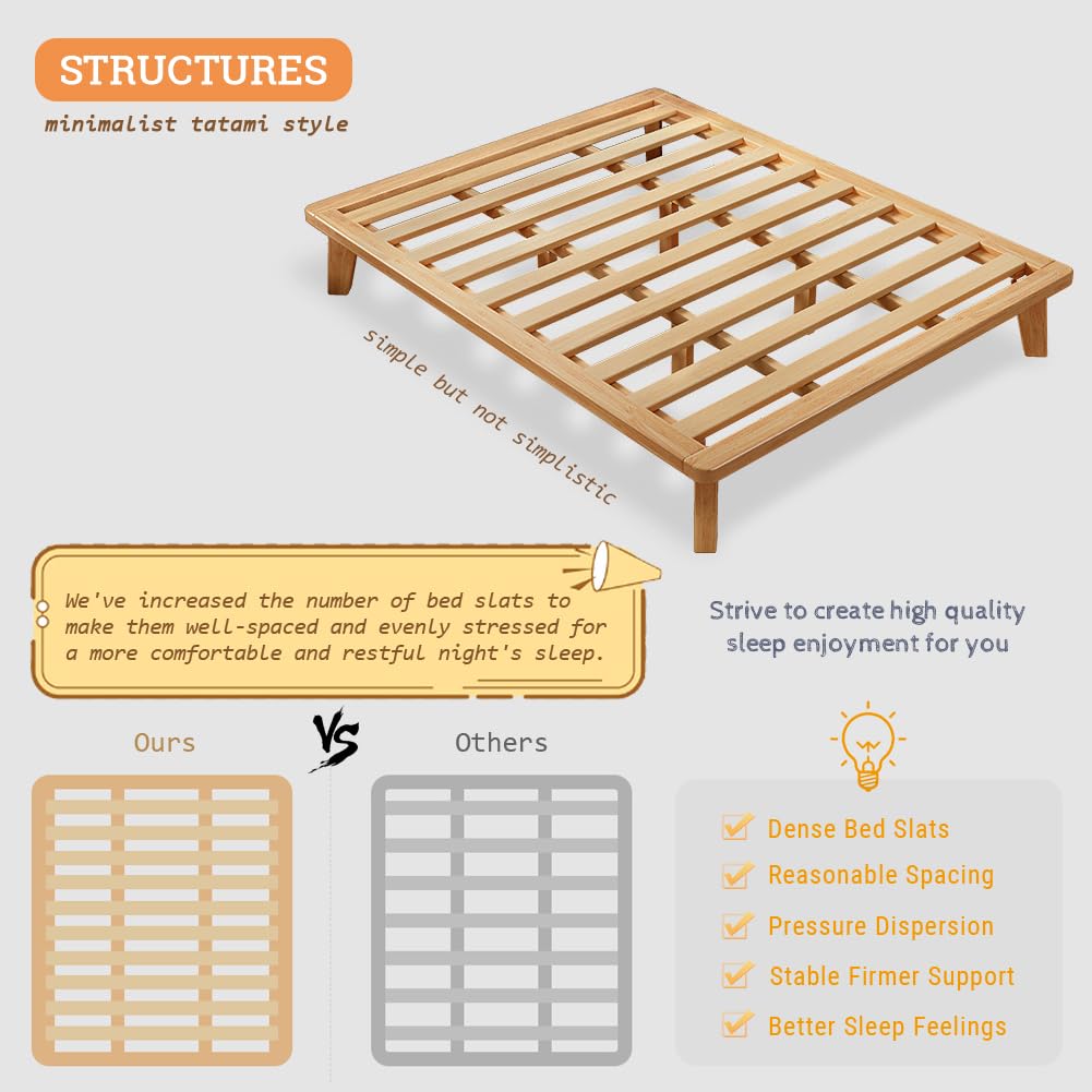 NELYE California-King Platform Bed Base - 14 Inch Solid Wood Mattress Foundation with Support Slats and Legs, California King Size Rubberwood Simple Bed Frame