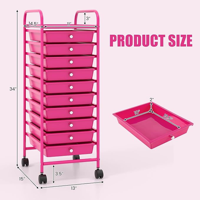 MEDIMALL 10 Drawers Rolling Storage Cart, Multipurpose Craft Storage Cart with Wheels, Mobile Tools Scrapbook Paper Organizer Cart for Office School Home Use