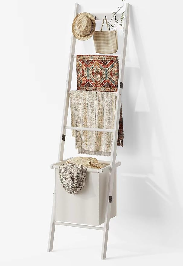 BAMBANG Bamboo Blanket Ladder with Basket, 5-Tier Quilt Rack Stand with 4 Hooks & Storage Hamper for Living Room Bathroom, Wall Leaning Decorative Ladder Shelf for Blankets Display (White)