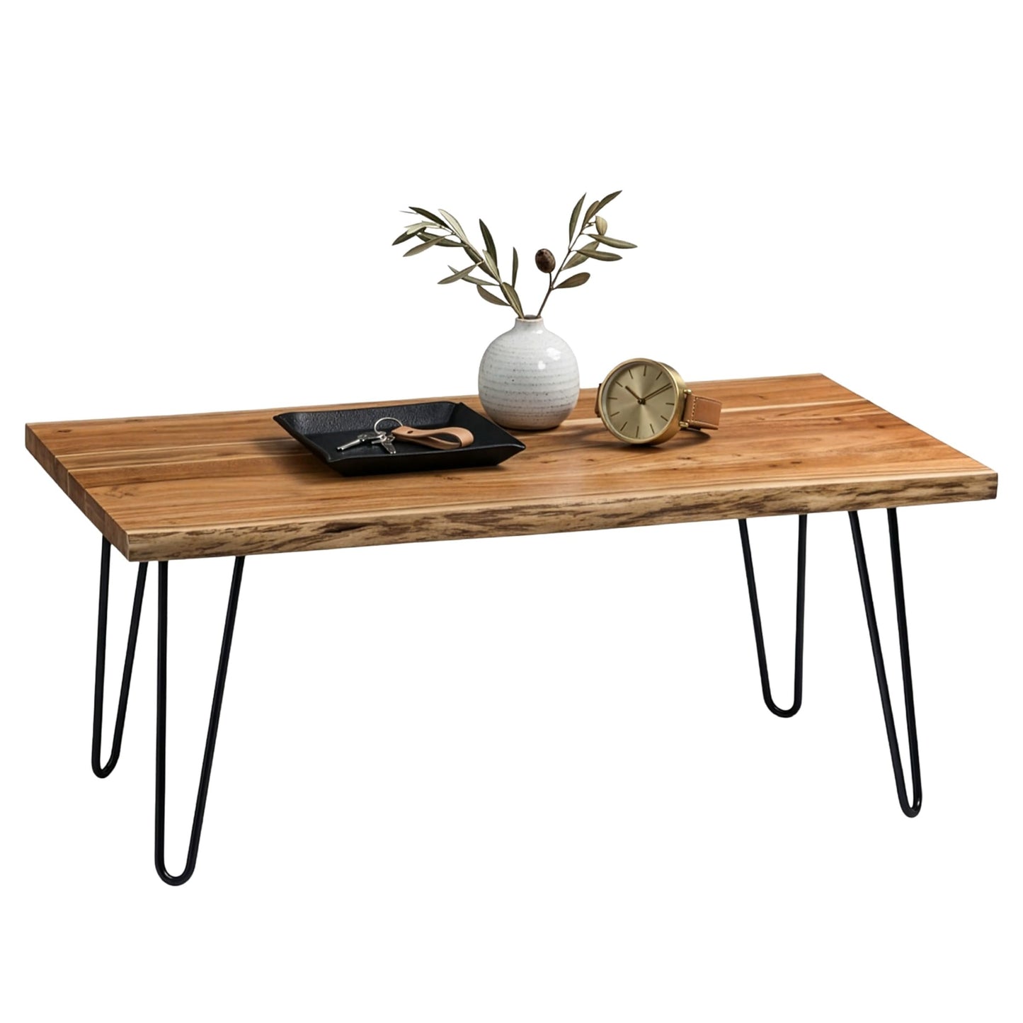 Alaterre Furniture 48-Inch Live Edge Coffee Table with Hairpin Metal Legs – Rustic Modern Farmhouse Solid Acacia Wood Living Room Table in Natural Finish