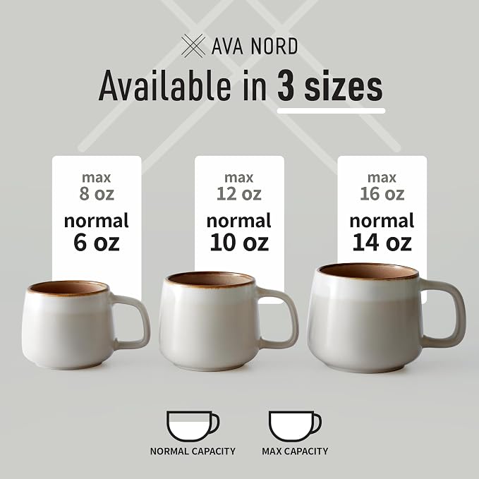 Ava Nord Large Ceramic Coffee Mugs Set of 4 | 16 oz Stoneware Coffee Cups | Lead-Free, Non-Toxic | Microwave and Dishwasher Safe | Comfortable Handle | Nordic Design for Tea, Cocoa, Latte | Sage Ash