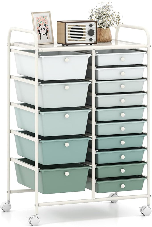 Giantex 15 Drawers Rolling Cart, Classroom Organizers, Storage Cart with Wheels, for Teacher Office Home School Supplies Tool Craft Art Paper, Green Gradient