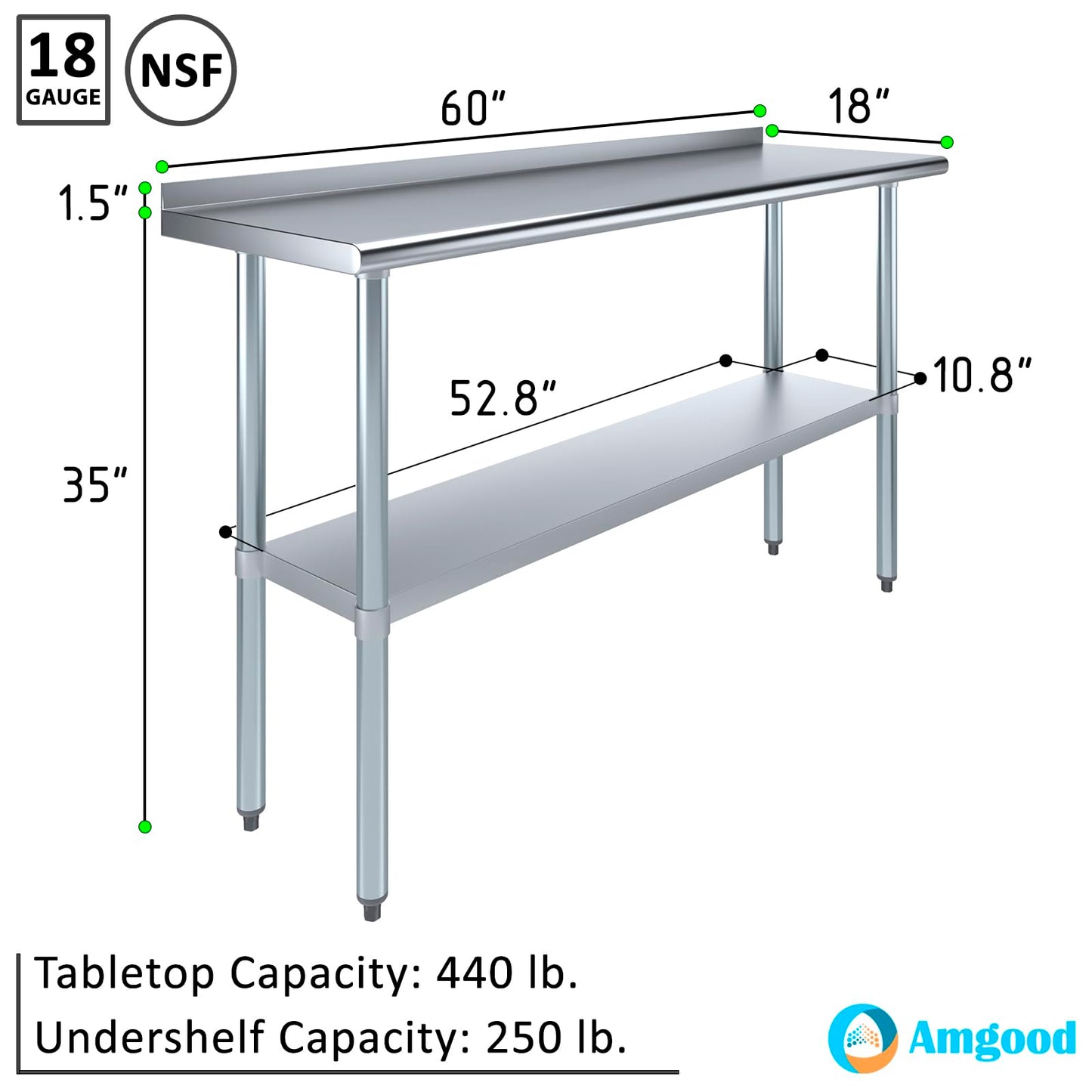 AmGood Stainless Steel Work Table with 1.5" Backsplash | Metal Kitchen Food Prep Table | NSF (60" Long x 18" Deep)