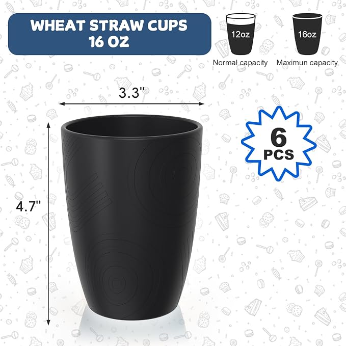 Wheat Straw Drinking Glasses Set of 6, Unbreakable 16 OZ Water Cup with Unique Pattern, Alternative to Plastic Reusable Cups for Kitchen & Outdoor, Dishwasher Safe Cup Set, Black
