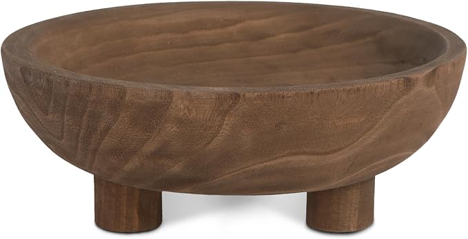 DN DECONATION Wooden Decorative Bowl with Tripod Base 10.63" - Brown Wood Fruit Candy Key Holder Bowl Footed for Dining Table Top Centerpiece Decor Rustic Home Shelf Decor