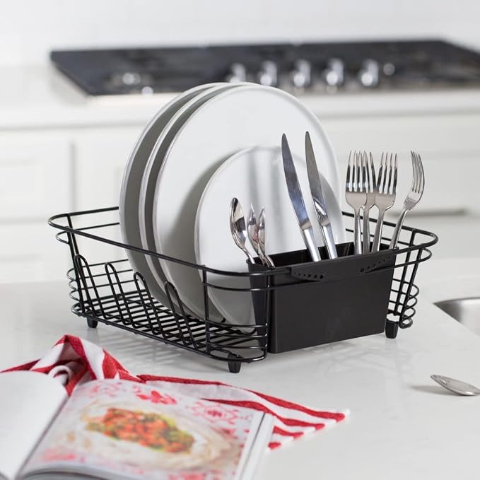 Better Houseware in-Sink Dish Drying Rack, Coated Steel, Black, 14.5 x 13 x 5 Inch, 2-Piece Set with Removable Utensil Caddy and Non-Slip Handles