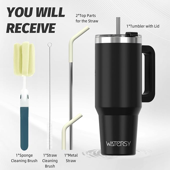 40 oz Tumbler with Handle,Tumbler with Lid and Straw,Double Wall Insulated Cup Stainless Steel Travel Mug(Cold for 34 Hours),Water Bottle for Iced Tea,Coffee,Cold Beverages(Black)