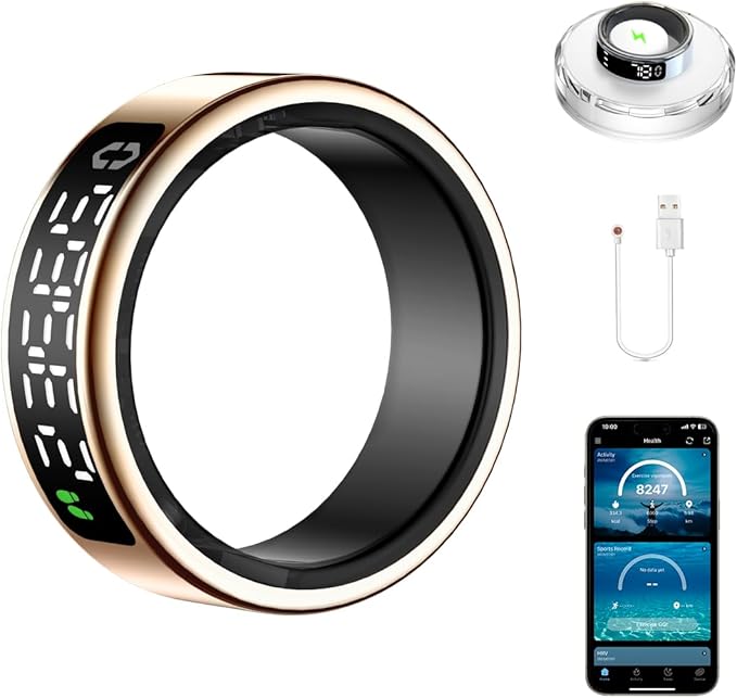 Smart Health Ring with Screen,for Women Men Fitness Tracker with Heart Rate, Blood Oxygen, HRV, Sleep Monitoring, Step Counting, IP68 for iPhone and Android, No Subscription Fee (Gold, 12#)