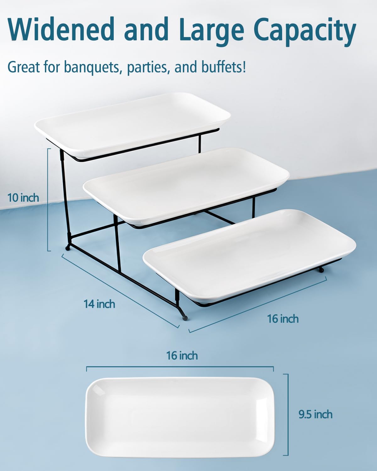 DELLING 3 Tier Serving Tray Set 16 Inch, Large Porcelain Tiered Platters with Collapsible Stand - Serving Dishes for Entertaining Dessert Table Party, Easy Assembly, White