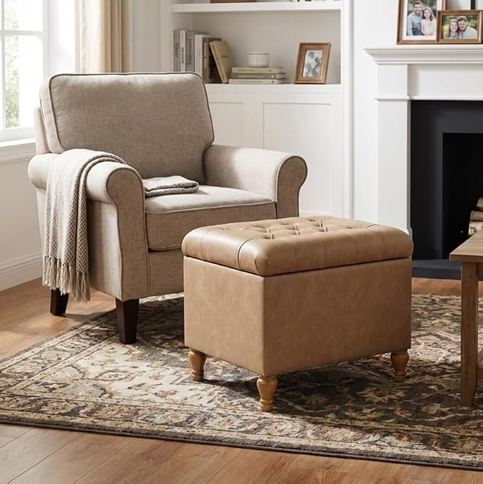 Spatial Order Home Decor | Upholstered Button Tufted Storage Ottoman | Hinged Lid Ottoman with Storage for Living Room & Bedroom | Decorative Home Furniture (Sand Faux Leather)