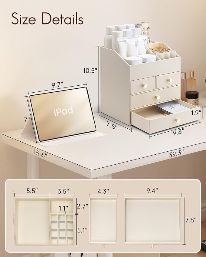 VLANDO Makeup Organzier,Vanity Organizer with Drawers, PU Leather Skincare Organizer Perfume Organizer,Large Cosmetic Display Case for Lipstick,Brushes Gifts for Women, Beige, 4 Layer