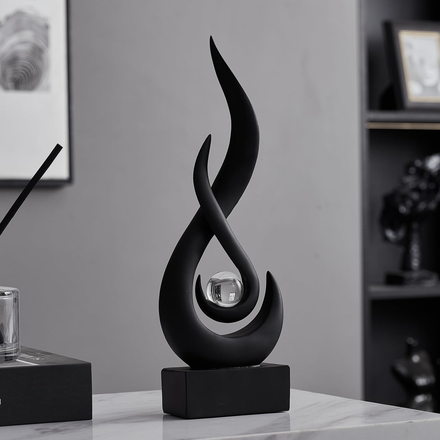 AWNR Abstract Black Sculpture: Flame Statue with Glass Ball Resin Art Figurines - Unique Centerpiece for Modern Home Decor