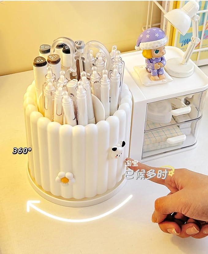 Makeup Organizer Countertop, 360 Rotating Makeup Brush Holder with 2 Drawer Organizer, Small Preppy Kids Desk Organizer, 9.25x5.11 Inch, White