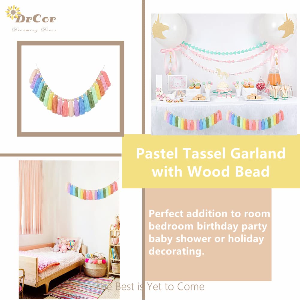 DrCor Pastel Rainbow Tassel Garland – Boho Classroom Decor for Back to School, Baby Shower, Party Banner for Nursery, Kids Room, Birthday or Graduation Decoration