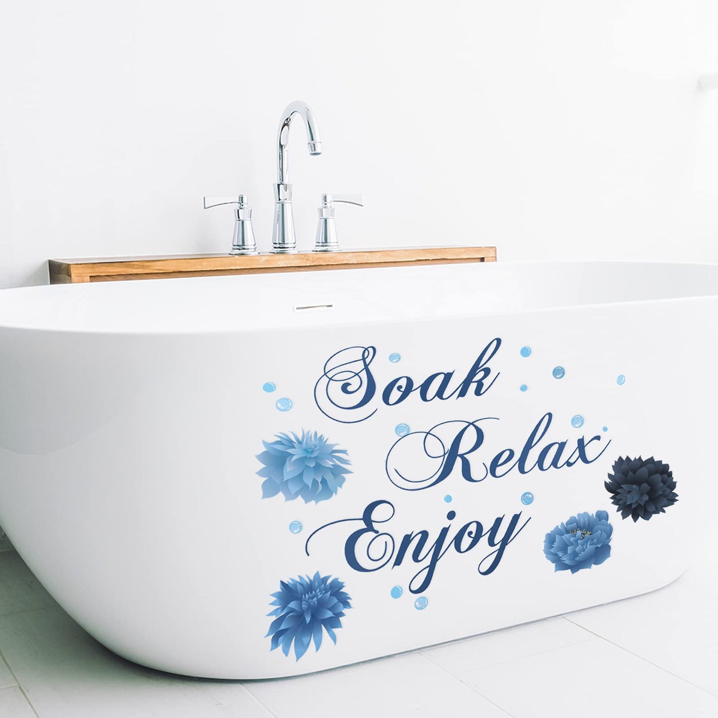 Xuniea Blue Bathroom Wall Decals Soak Relax Enjoy Spa Wall Decor Stickers Waterproof Flower Sign Sticker for Bedroom Bathroom Kitchen Living Room DIY Decorations