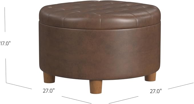 Homepop Home Decor | Button Round Storage Ottoman | Ottoman with Storage for Living Room & Bedroom, Brown Faux Leather