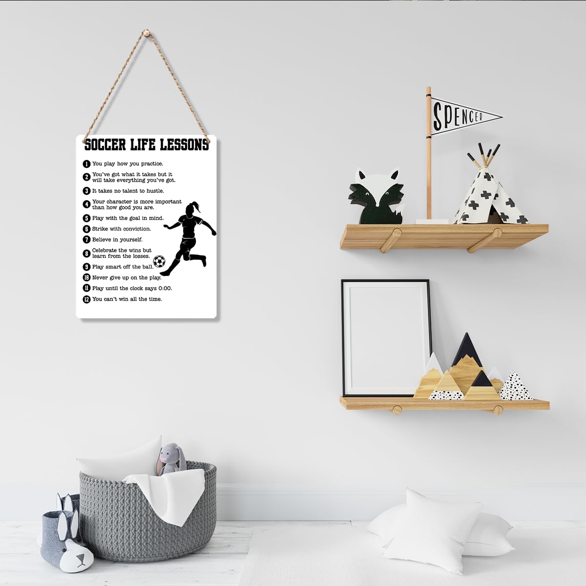 Soccer Life Lessons Wood Sign Inspirational Soccer Wall Art Decor Signs for Women Players Living Room Game Room Playroom Bedroom Gym Decor 8x10 Inch
