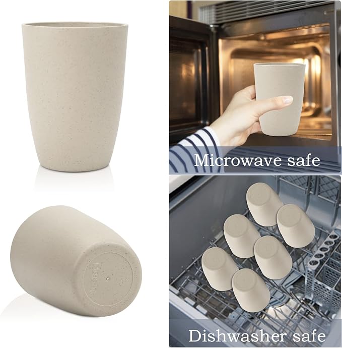Wrova Wheat Straw Cups 6 PCS Good Alternative to Plastic Reusable Cups 12 oz Unbreakable Drinking Cup Reusable Dishwasher Safe Water Plastic Glasses Beige