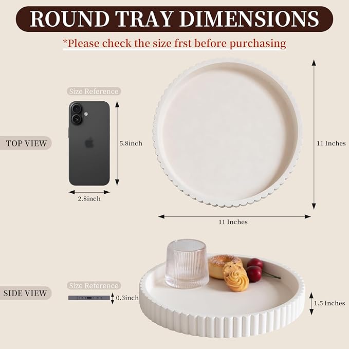 Decorative Tray for Coffee Table, Living Room, Side Table, 11" White Round Concrete Home Decor Serving Trays for Accent Table, Console Table
