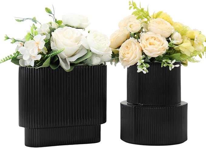 Black Glass Vases, Set of 2 Ribbed Glass Vases for Flowers, Modern Vase for Tulips, Black Vase for Living Room, Dining Table, Office, Entryway, Mantle, Bookshelf, Wedding Gifts