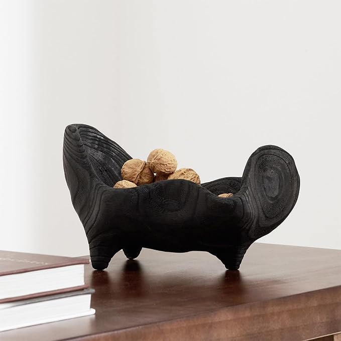 DN DECONATION Oak Wood Black Decorative Bowl-9.25x5.51 Inch Small Bowl for Entryway Key, Fruit, Candy with feet, Boho Farmhouse Home Decor for Dining Room, Coffee Table Centerpiece