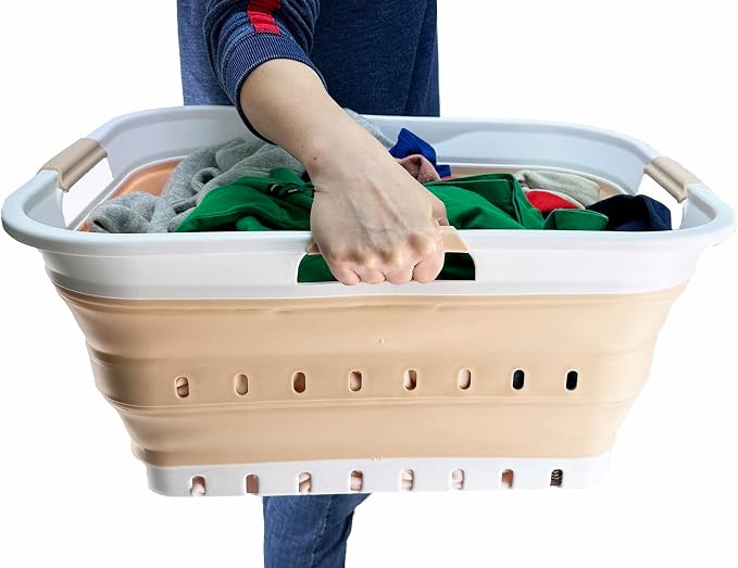 SAMMART 42L (11 gallon) Collapsible Plastic Laundry Basket - Foldable Pop Up Storage Container/Organizer - Space Saving Hamper/Basket (White/Beige)