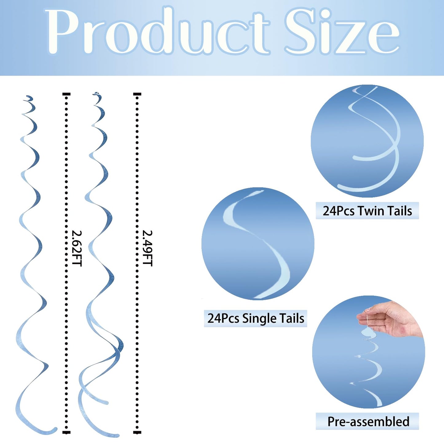 48 Pcs Blue Hanging Swirl Party Decorations Ombre Blue Felt Ceiling Spiral Streamers with Hooks for Birthday Wedding Baby Shower Graduation Party Supplies