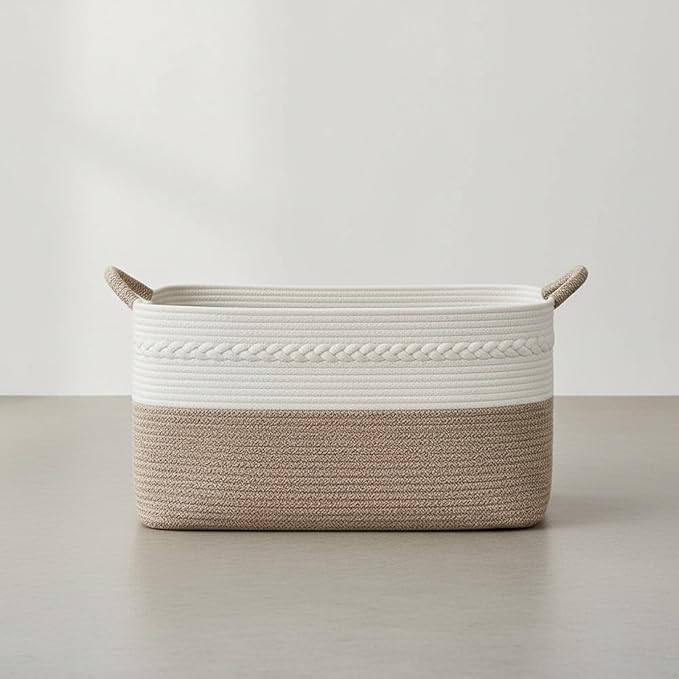 Large laundry basket woven from natural cotton rope with handles storage blankets for living rome big decorative quilted baskets for clothes toys pillows hamper 22"x14.6"x12" white/brown