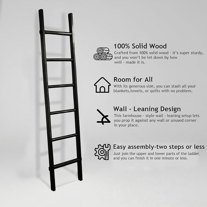 Wooden Blanket Ladder - Natural & Motley Wood - Leaning Wall Decor for Bedroom, Bathroom, Living Room - Rustic Quilt Holder & Towel Rack (Black Wood Color, 76in（6-Tier）)