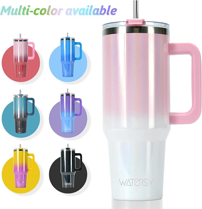 40 oz Shiny Tumbler with Handle and Straw,Stainless Steel Tumbler with Lid and Straw,Insulated Travel Mug(Cold for 34 Hours),Water Bottle for Iced Tea,Coffee (Pink)