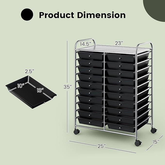COSTWAY 20-Drawer Rolling Storage Cart, Utility Storage Organizer Cart for Tools, Scrapbook, Paper, Craft, Multipurpose Storage Trolley on Wheels for Home Office School (Black)